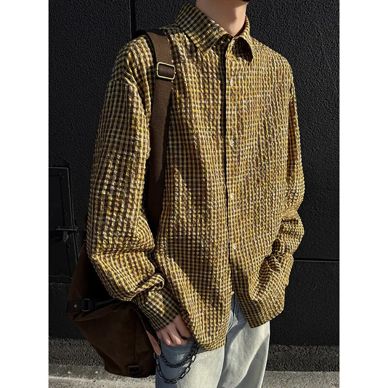 Spring Long Sleeved Shirt Men Fashion Retro Checkered Shirt Men Streetwear Korean Loose Casual Shirt Mens Vintage Plaid Shirts