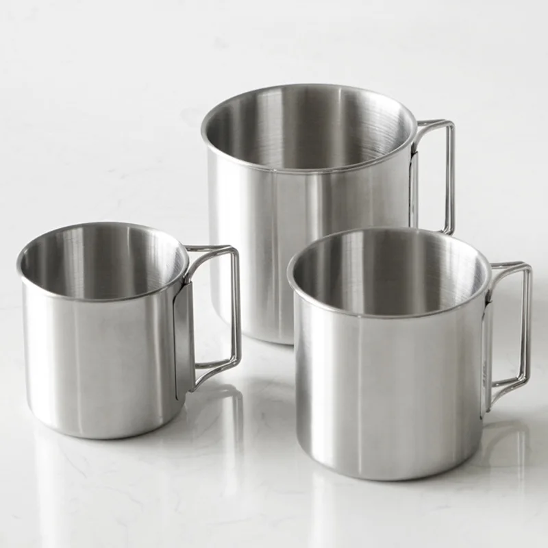 250/350/500ML Stainless Steel Camping Cup Portable Carabiner Cups Outdoor Water Cup Mug With Foldable Handle Kitchen Drinkware