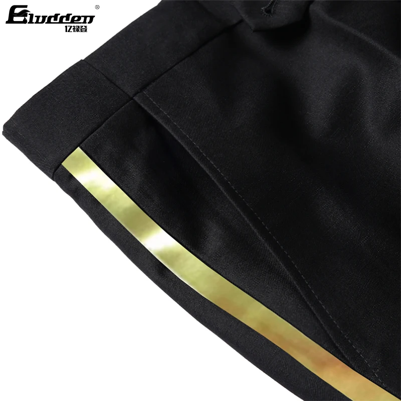 Pantalones de traje negros para hombre, pantalones formales informales con ribete de cuero dorado para oficina de negocios, pantalones formales rectos elásticos de talla grande