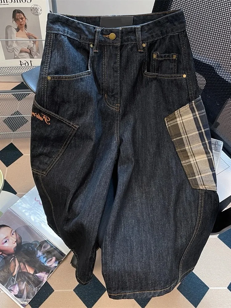 

American Retro Plaid Large ket Workwear Denim orts Men Summer Design Loose Wide Leg Casual Seven-Foot Pants