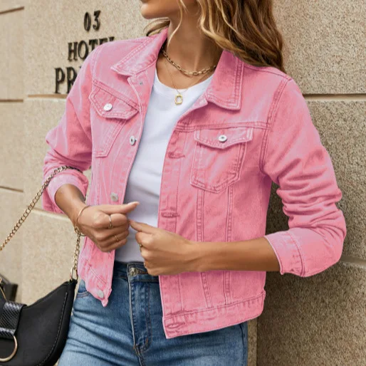 Women's Solid Color Washed Denim Coat Fashion Commuting Style Lapel Long Sleeve Cowboy Coats Female 2026 Spring Autumn New