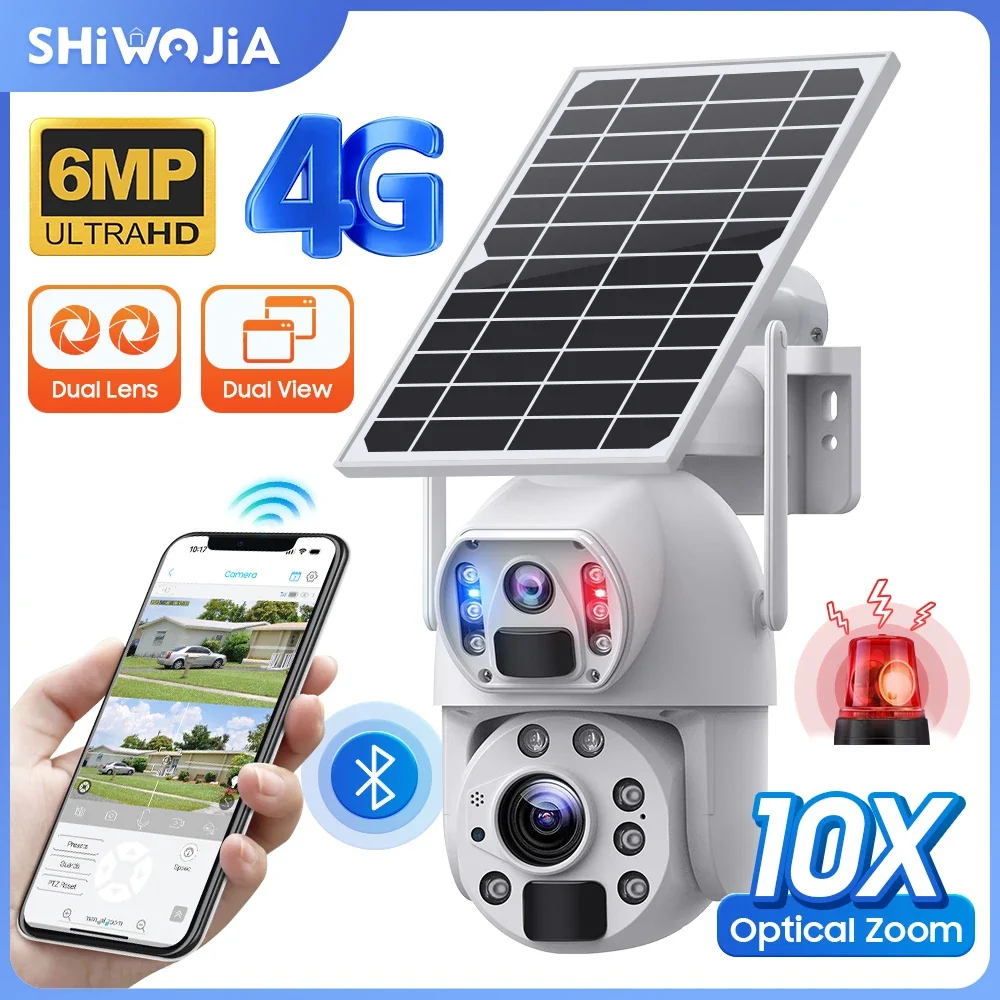 

SHIWOJIA 6MP Solar Camera 4G SIM/WIFI 10X Optical Zoom Dual Lens Recording Humanoid Tracking Outdoor WIFI CCTV Metal Waterproof