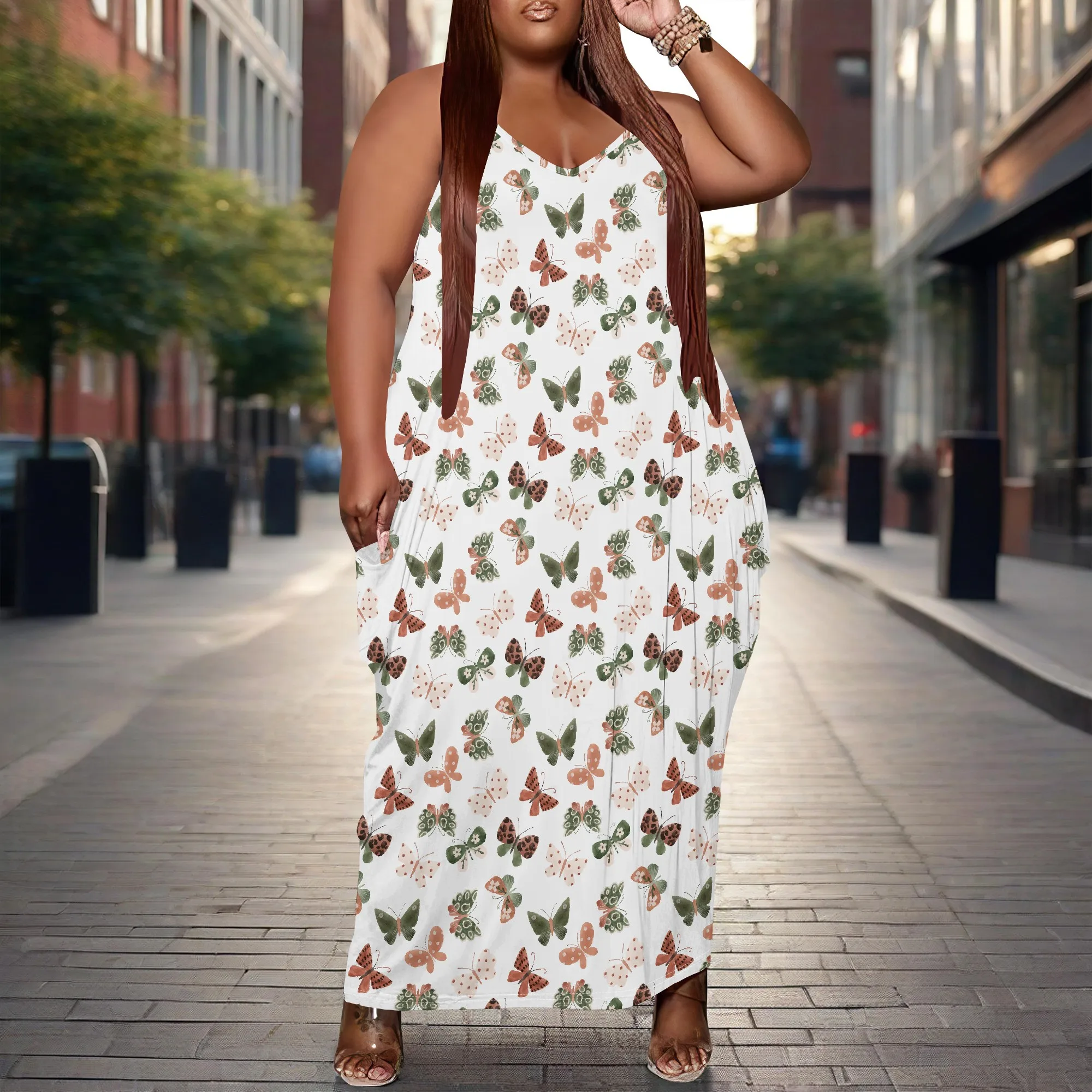 Women Plus Size Dress Loose Strap Long Dress with Pocket Breathable Vacation Butterfly Print XL-6XL​
