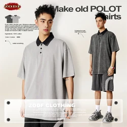 ZODF Trendy Spring Summer Men 285gsm Cotton T-shirt Unisex Oversized Turn Down Collar Washed T Shirts Brand Tops HY0995