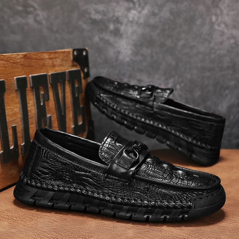 

Business casual shoes man black 2025 Autumn soft Crocodile pattern leather mens Hand-sewn loafers Slip-on work Shoes size 46 45