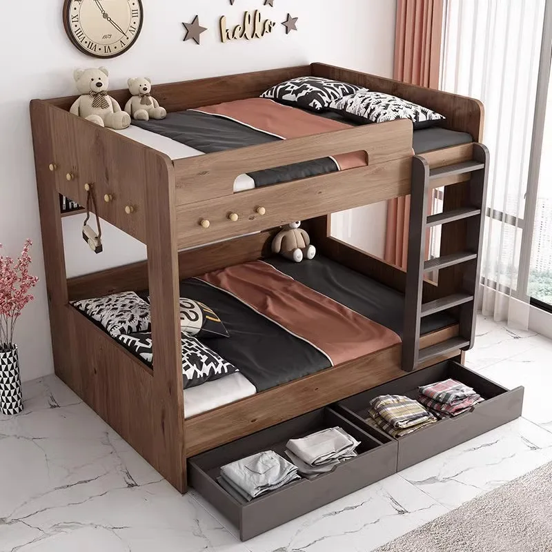 Modern simple high and low bed upper and lower beds, double-layer log mother and child beds with the same width, Nordic 0.9 mete