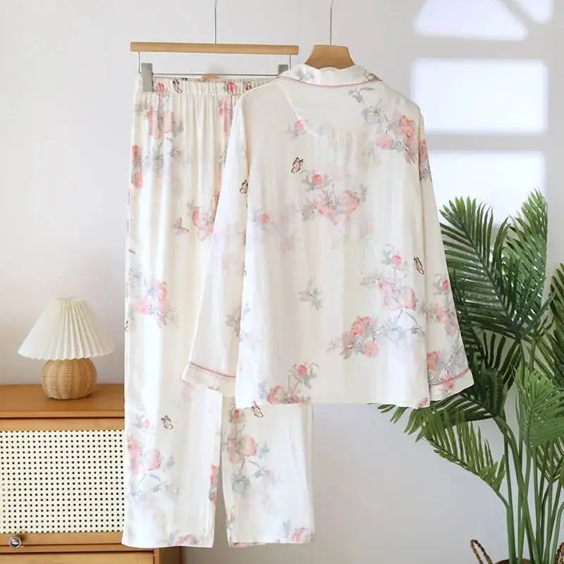 

Retro Style Fabric Pamas For Women Spring And Summer Sleeved Long Trousers Thin Bamboo Fiber Home Sleepwear Set