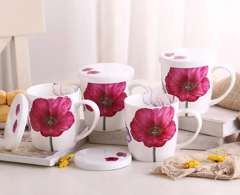 4pcs Set, 350ML, Bone China Mug with Lid, Bloomind Design, Cafe Cup Coffee, Enamel for Household Gift, Porcelain Coffee Mugs