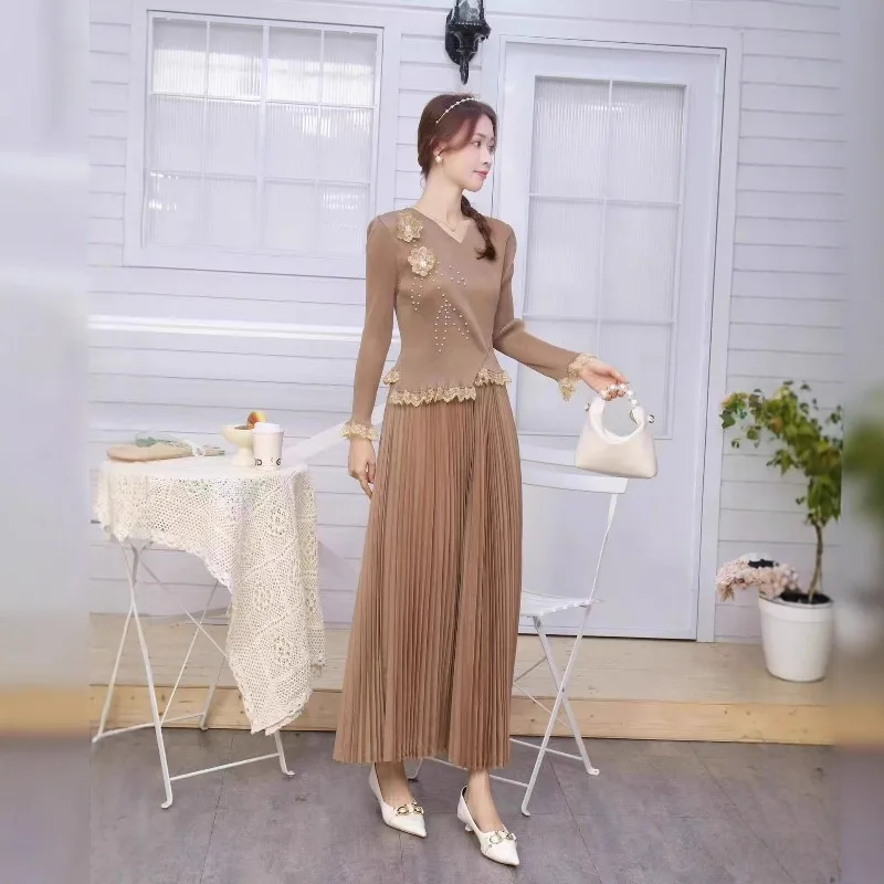 Miyake Pleated Plus Size Dresses Plisse 2026 Spring New Loose Beaded Three-dimensional Flowers Temperament Elegant Long Skirt