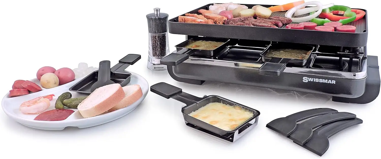 Classic 8-Person Raclette Party Grill with Reversible Cast Aluminum Non-Stick Grill Plate/Crepe Top, Black