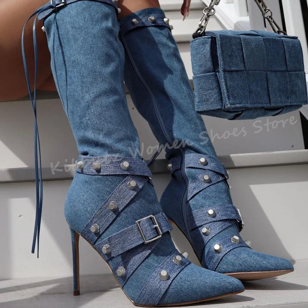 

Denim Cloth Knee High Boots Rivets Belt Buckle Novelty Fashion Sexy Concise Pointed Toe Thin Heels Women Shoes New Side Zippers