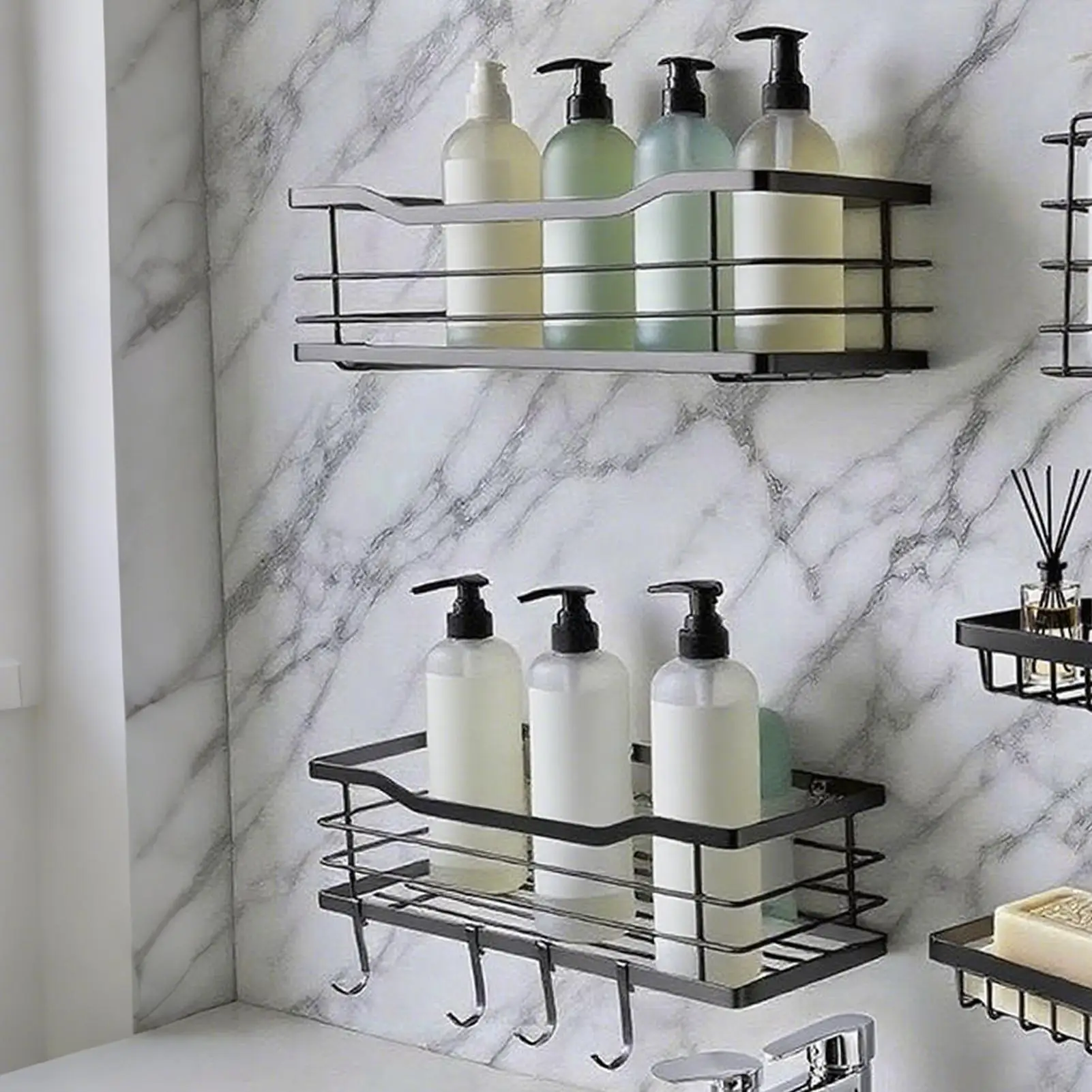 

Полки для душа Полка для хранения душа Настенная 2-х предметная клейкая витрина Аксессуары для ванной комнаты для полотенец Мыло для мытья тела