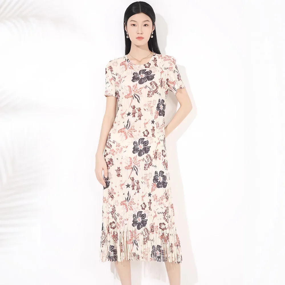 

Miyake Style Pleated Summer Tassel Dress for Women Printed Round Neck Pullover Short Sleeve Slim Fit and Fashionable Base Skirt