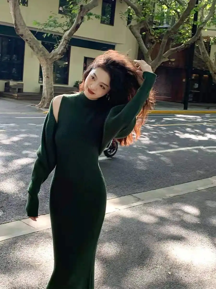 Autumn Vintage Slim Knitted Dress Sets Women Elegant Long Sleeve Shawl Top + Bodycon Long Dresses Two Piece Set Outfits Harajuku