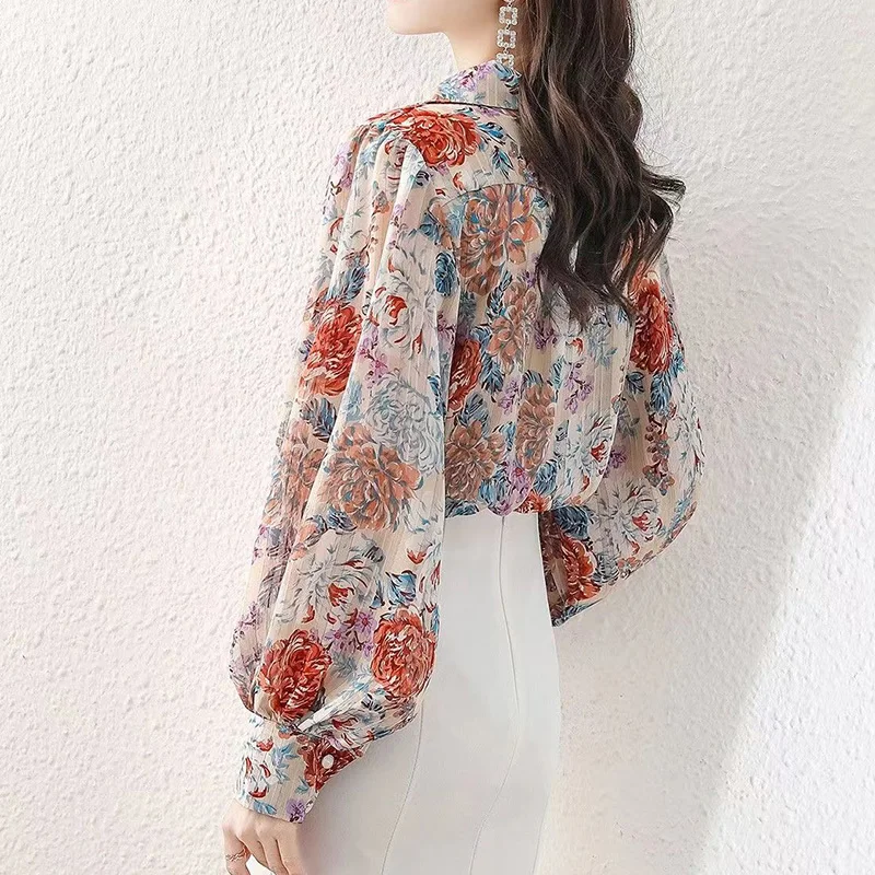 Lantern Long Sleeved Lapel Chiffon Shirt for Women 2023 Spring Autumn New Vintage Floral Print Button Loose Open Stitch Blouse