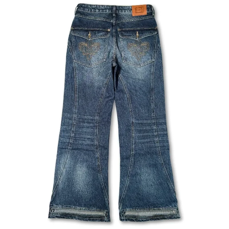 Retro Washed Flare Jeans Y2K Trendy Streetwear Panel Stitching Pocket Embroidered Bootcut Jeans Unisex Wide Leg Denim Trousers