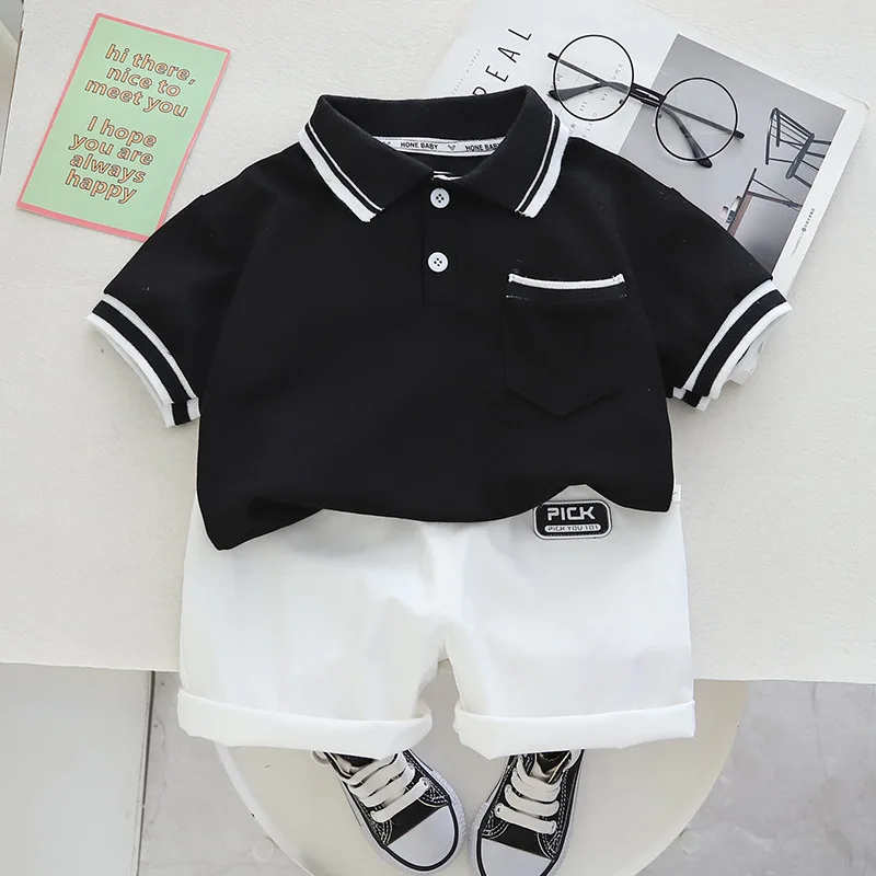 Summer new children\'s clothing boys simple lapel POLO short-sleeved set boys baby shorts casual two-piece set