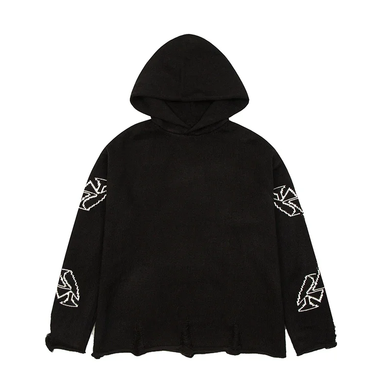 Top Quality Men Women Winter Hoodie High Street Damaged Hole Tassel Sanskrit Logo Hooded Sweater ASK Knitted Sweatshirts