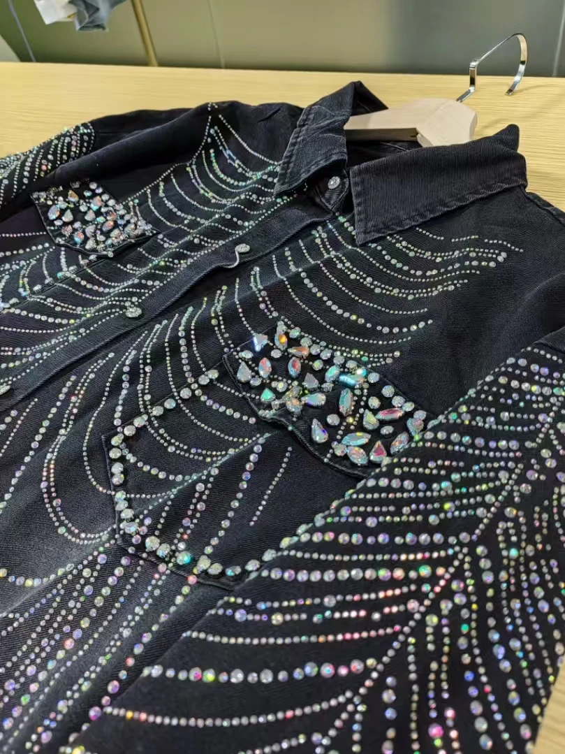 High-end 2025 Spring Sparkle Diamonds Hot Drilling Oversized Denim Coat For Women's Black Jeans Jacket Top Clothes