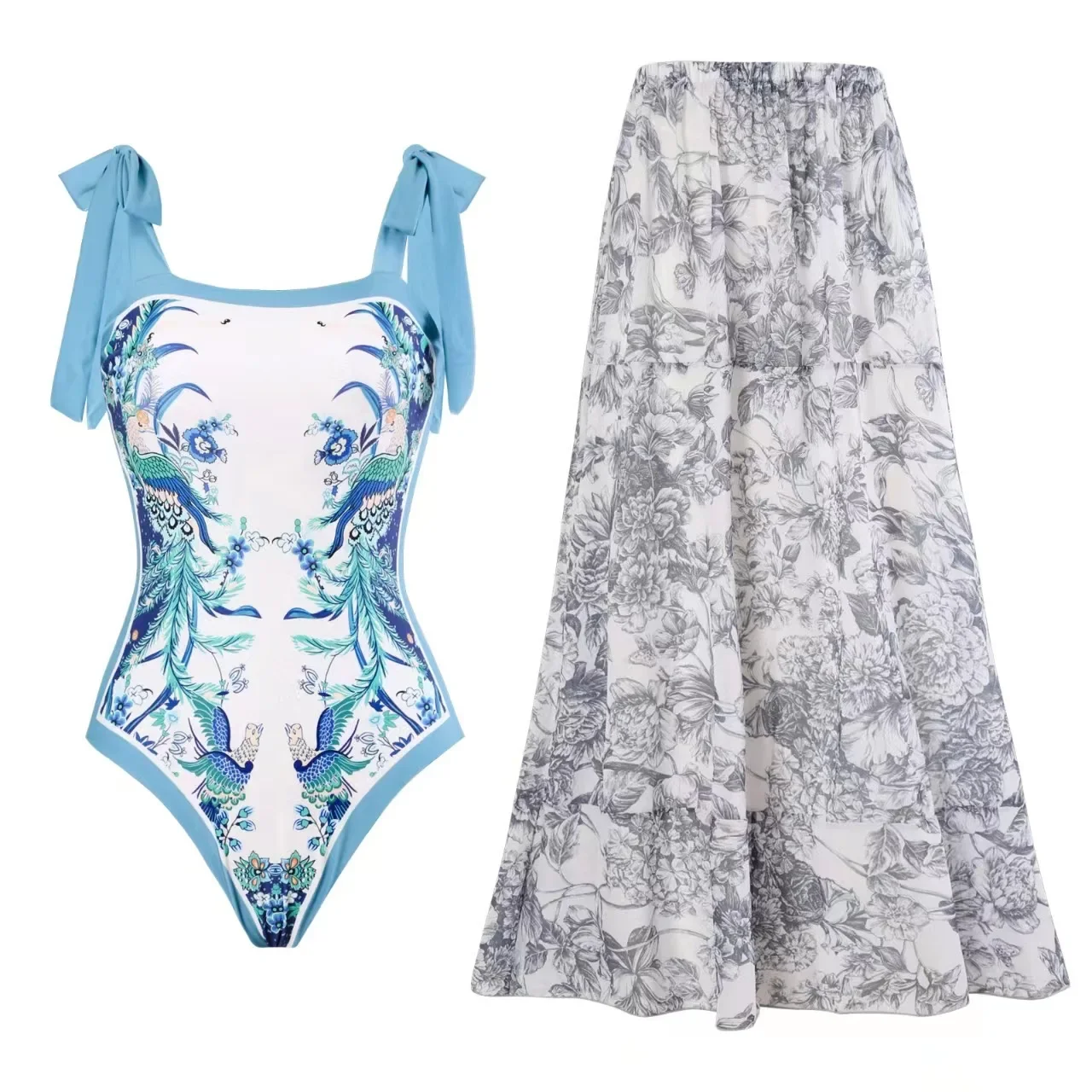 2025 Vintage Print One Piece Swimwear for Women with Beach Cover up Wrap Skirt Tummy Control Monokini Two-Piece Style