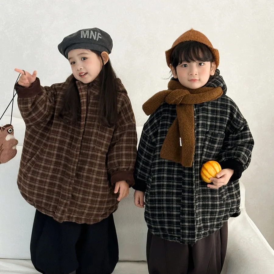 

Зимние детские клетчатые парки средней длины с капюшоном, утепленные детские стеганые верхняя одежда для девочек, шерстяные куртки для маленьких мальчиков и девочек