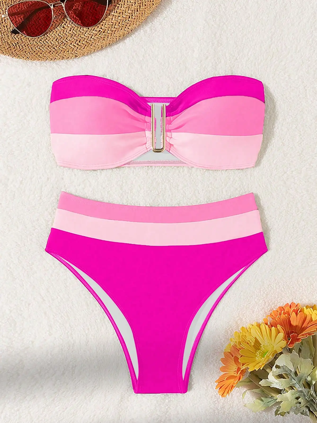 New solid color patchwork strapless split swimsuit set bikini