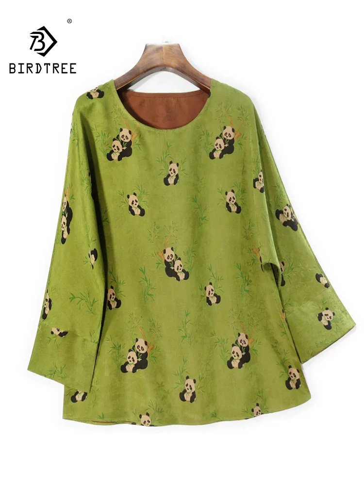 

BirdTree, 32MM Silk Watered Gauze Elegant T-Shirt, Women Batwing Sleeve Panda Printed, Loose Commute Tops, 2024 Summer T46316QC