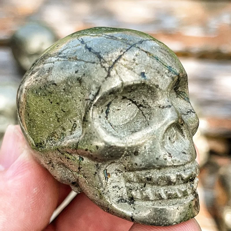 1pc Hand-Carved Pyrite Skull Featuring, Natural Stone Ornament for Home, Workplace, Celebrations, Bohemian Crystal Collectible