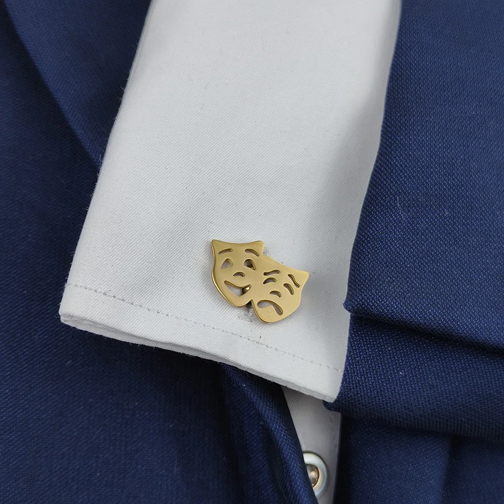 Cufflinks 316L Stainless Steel 18K Gold Plated Theater Comedy Tragedy Mask Hollow Mens Shirt Cuff Links Wedding Business Jewelry