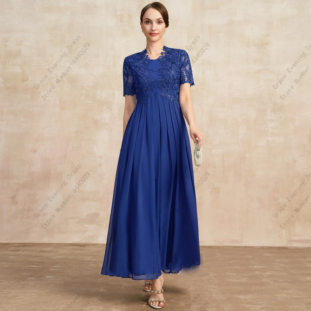 

Royal Blue Mother of Bride Dresses for Women 2023 New Ankle Length Short Sleeve Wedding Party Gown with Lace New Chiffon Gowns