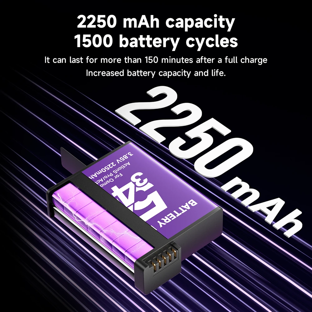 2250 mAh für DJI Osmo Action 5 Pro Akku Action 4 3 Kamera-Akkus + Schnellladegerät für DJI Action 5 Pro/4/3 Zubehör
