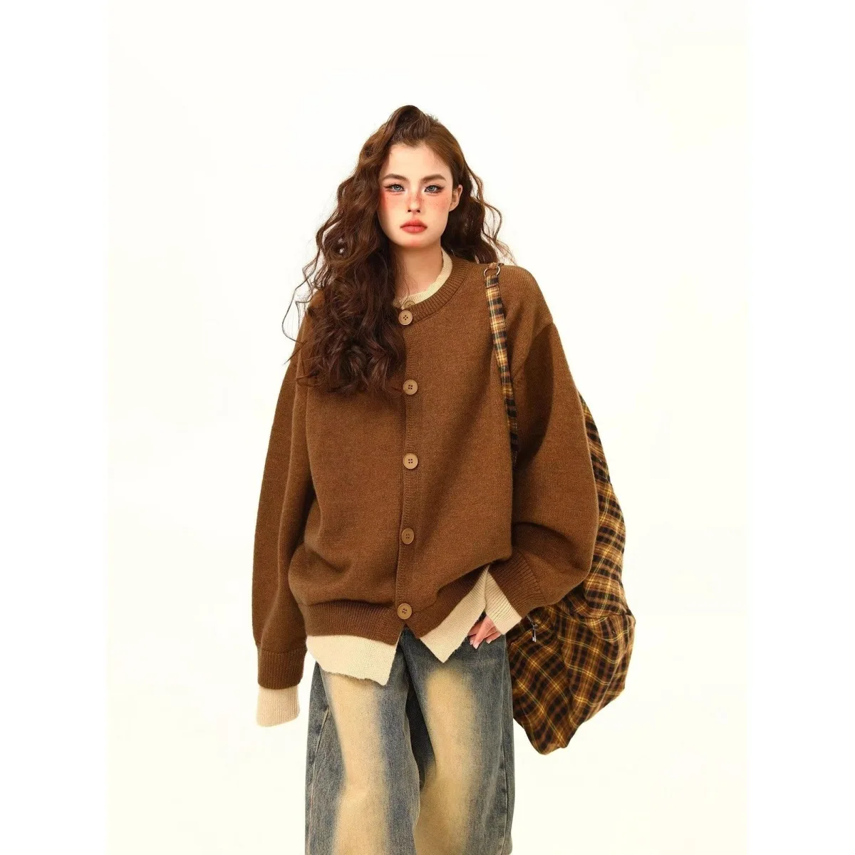 

Chic Solid Color Knitted Cardigan Women Korean Single Breasted Long Sleeve Woman Round Neck All Match Thin Sweater Tops