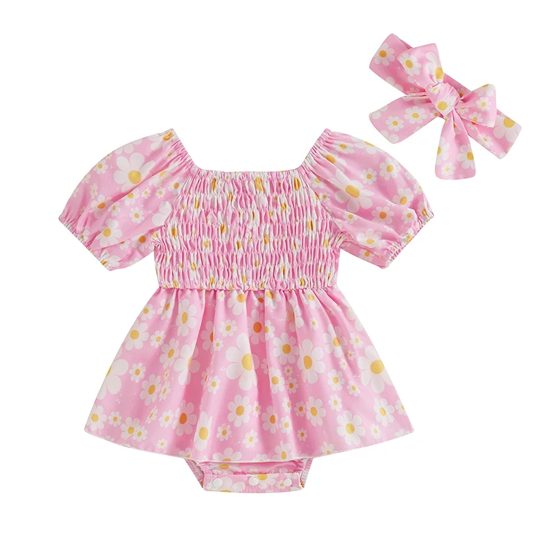 Infant Baby Girls Summer Clothes Romper Dress Newborn Off-Shoulder Pleated A-line Hem  Skirt Jumpsuit 2pcs Set