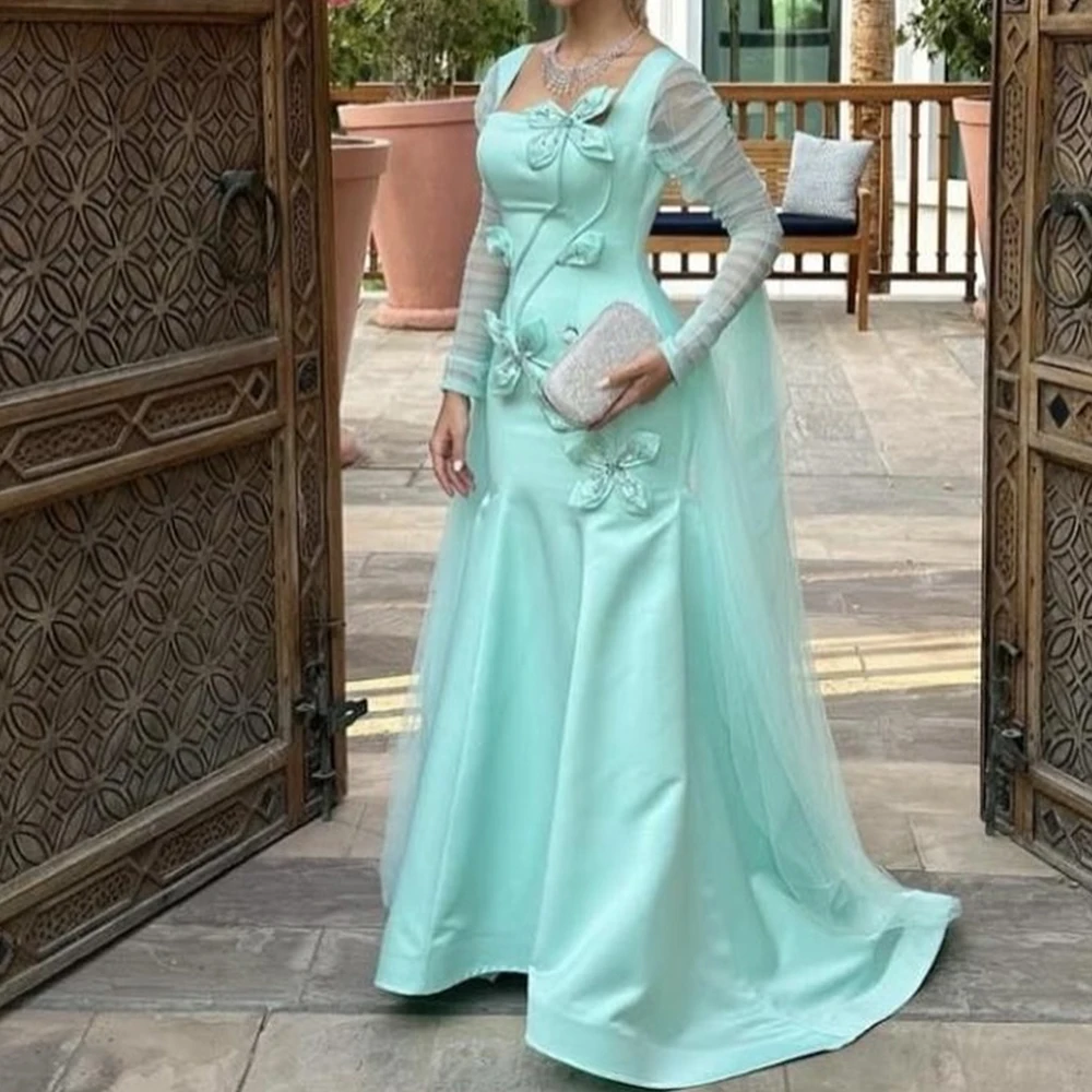 

Customized Temperament Satin A-Line 3D Flowers Evening Dress High Quality Floor Length Long Sleeves платье вечернее Custom Size