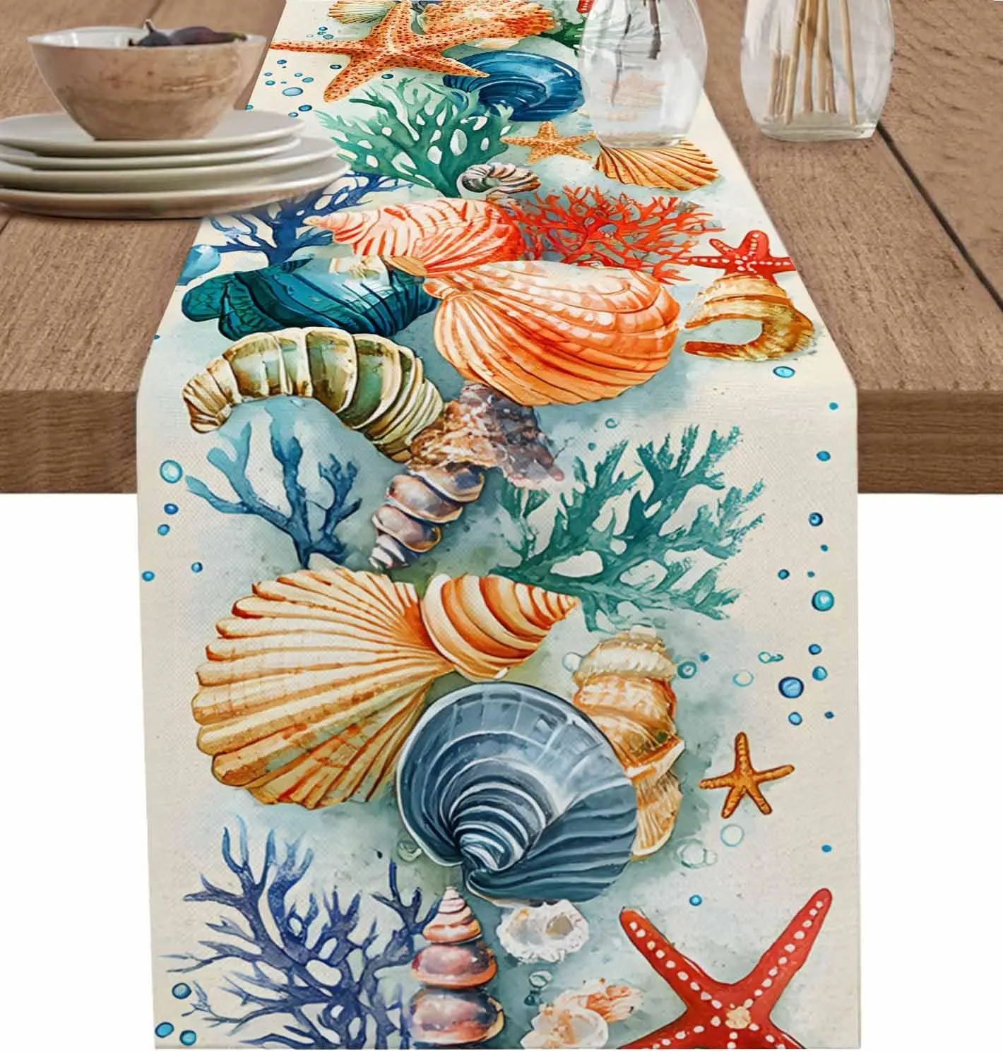 Summer Ocean Starfish Shell Linen Table Runner, Washable, Kitchen & Dining Table Runner Decor