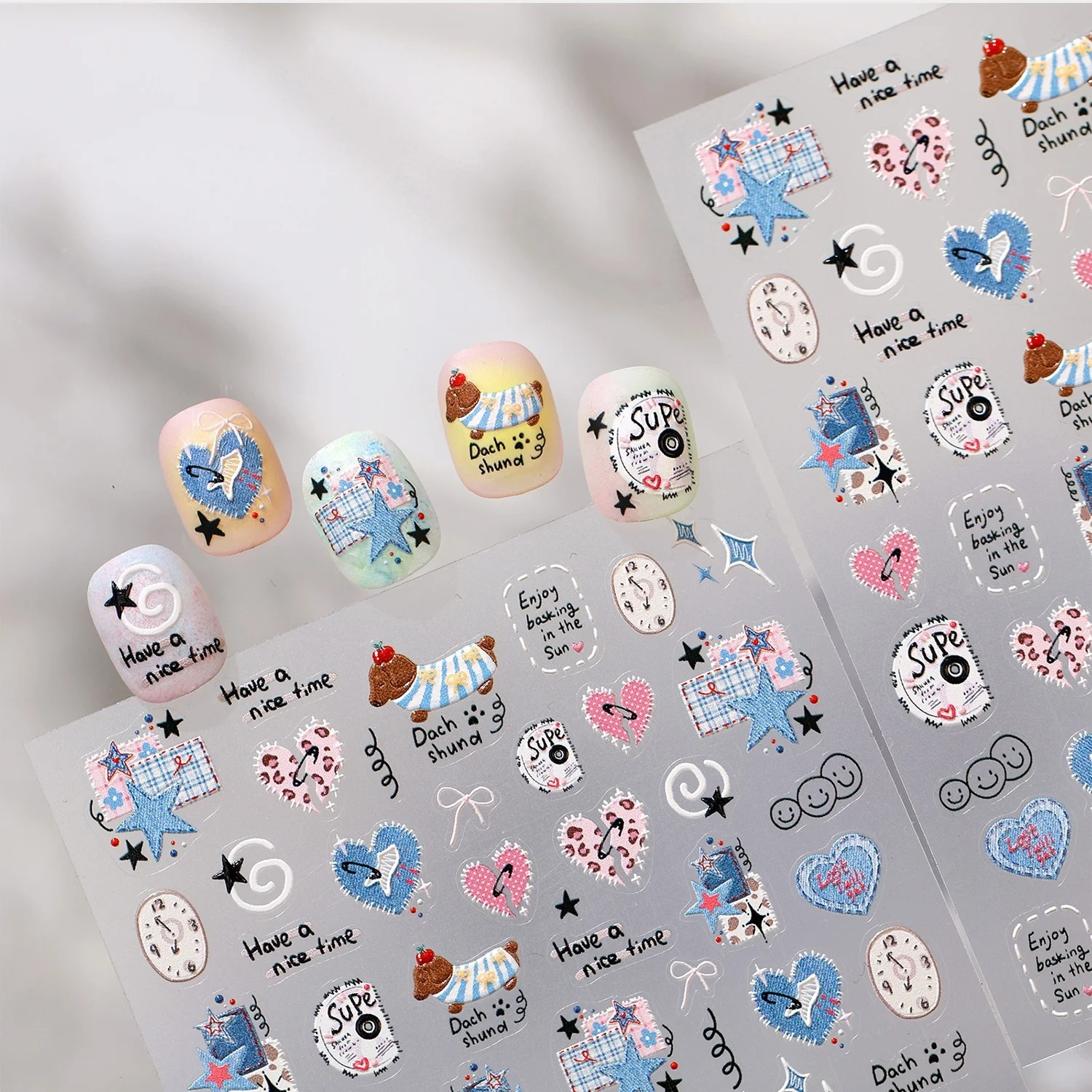 Vintage Blue Puppy 5D Nail Art Stickers Lovely Dogs Dachshund Plaid Star Heart Clock Self‑Adhesive Nail Decals Nails Manicure