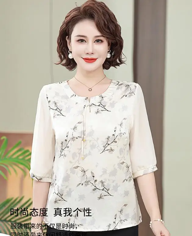 summer mother gift coat shirt women frog shirt summer loose fit shirt  printing Chinese style  Middle sleeve  shirt top