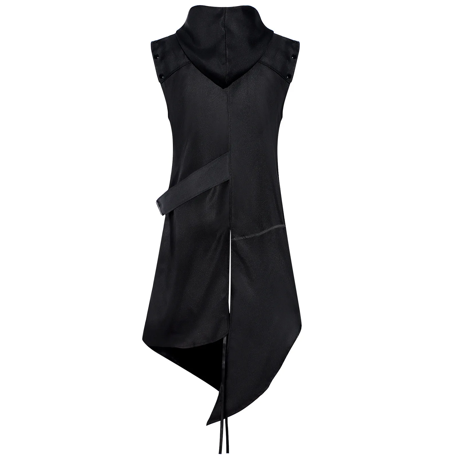 Futuristic Cyberpunk Techwear For Men - Sleeveless Hooded Long Vest Asymmetrical Black Coat With Straps Streetwear