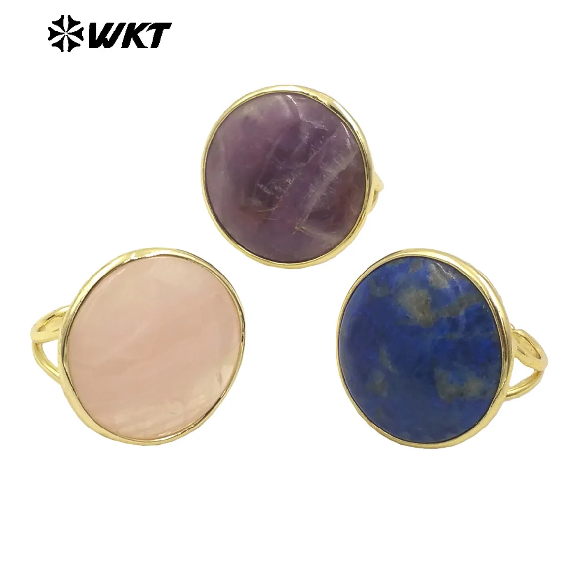 WT-R513 Wholesale New 18k Gold Plated Bezel Setting Natural Big Round Gemstone Lapis Birthday Stone Ring