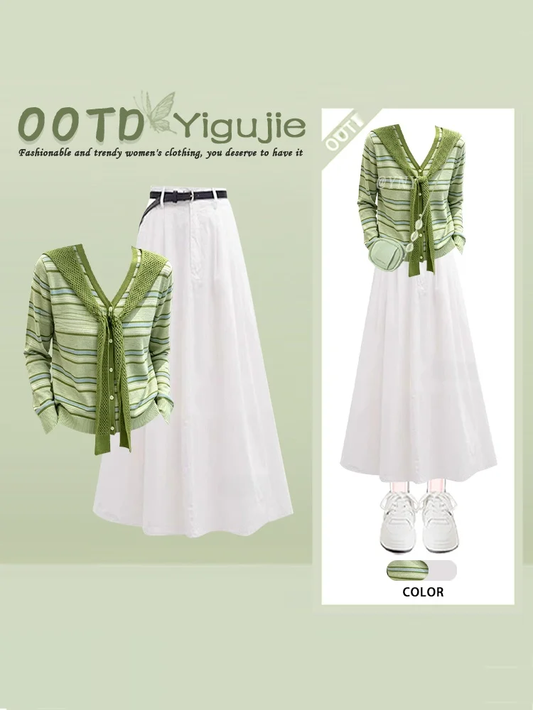 Conjunto de Dos Piezas para Mujer: Top de Punto con Cuello en V y Rayas Vintage en Verde Suave y Falda de Cintura Alta en Línea A, Moda de Otoño