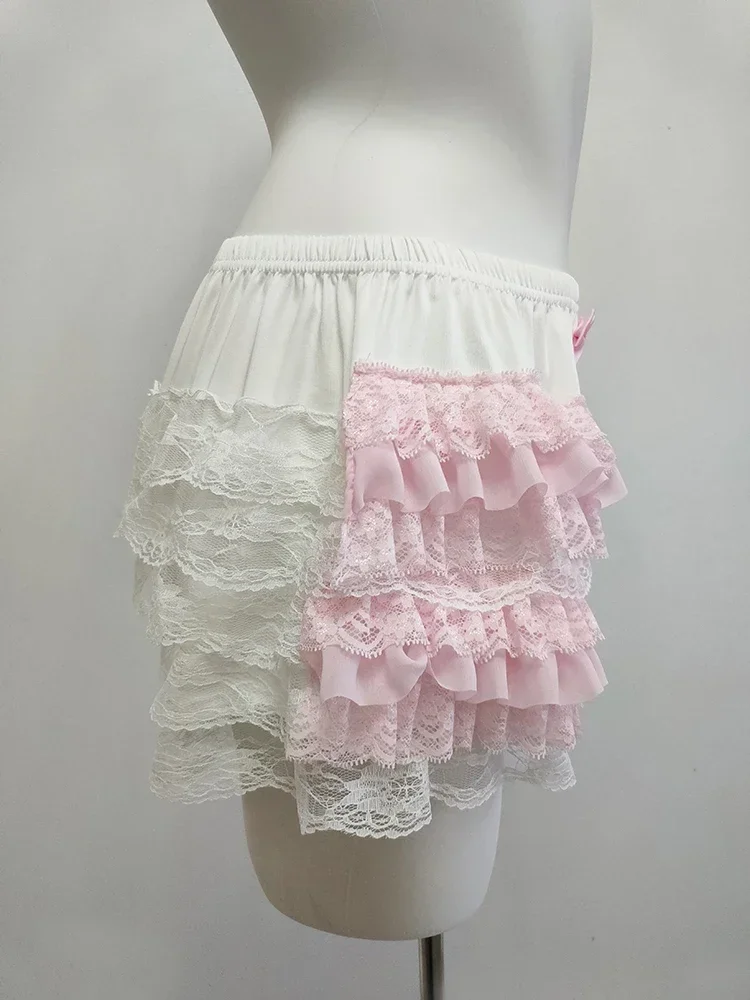 Cute Lace Shorts Women Ribbons Flowers Elastic Waist Lolita Style Multilayer Bottoming Shorts for Sweet Girls Kawaii Clothes