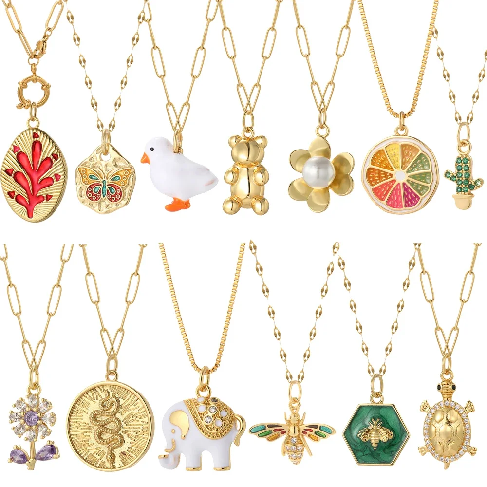 Collar de animales, abeja, mariposa, oso, pájaro para mujer, bonita planta, flor Natural, colgante de árbol, Collar de cadena de eslabones largos de acero inoxidable