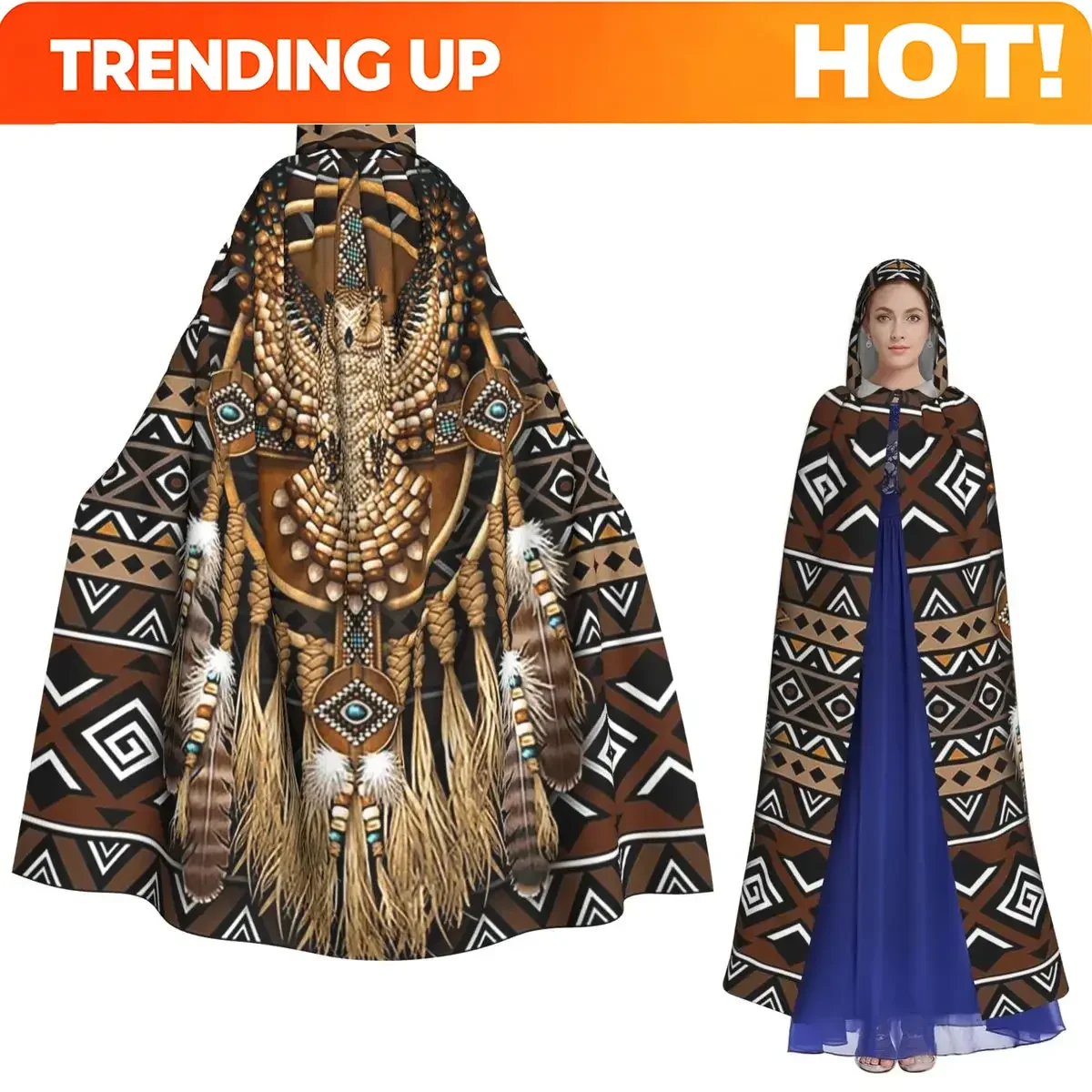 Customization Native American Owl Tribal Long Hooded Cloak Witch Medieval Costume Cosplay Cape HalloweenCoat Adult Unisex