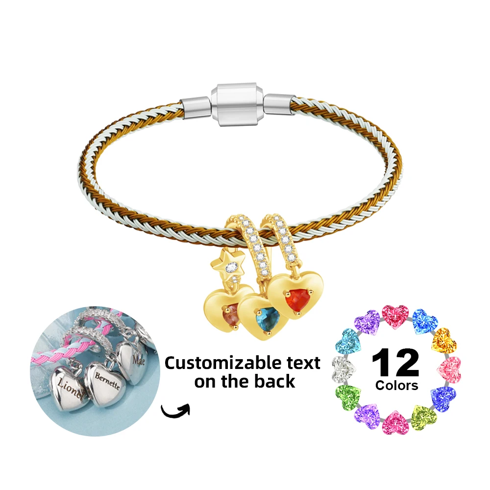 

Personalized Name Engraving Charm Bracelet Engravable Three Hearts Family Birthstone Pendant Dangle Charm