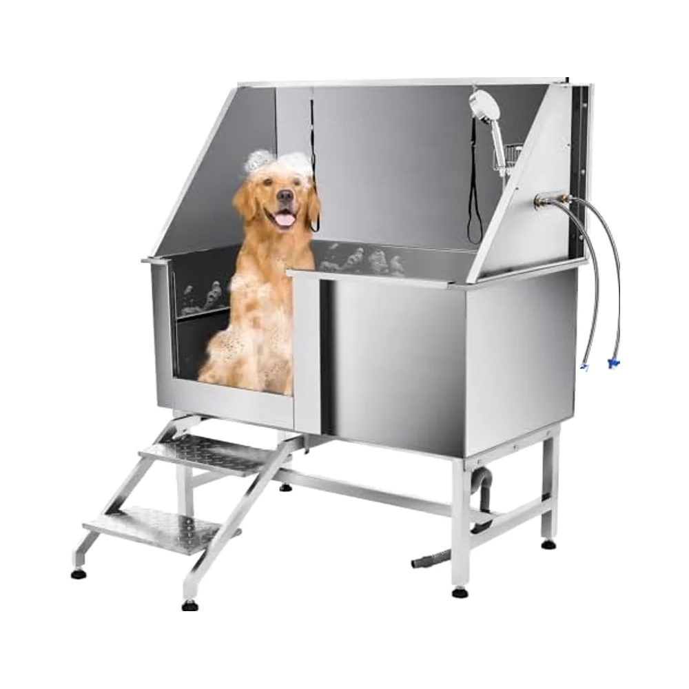 

Professional Dog Grooming Tub Stainless Steel Pet Bathing Station Left Drain Door Large Dogs Home Pet Wash Station