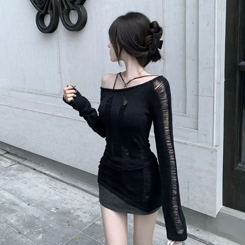 Goth Split Hollow Out Cool Pullover Hole Knit Sweaters Women Dark Black Gothic Lady Sweater Autumn Sexy See Through Pull Jumpers