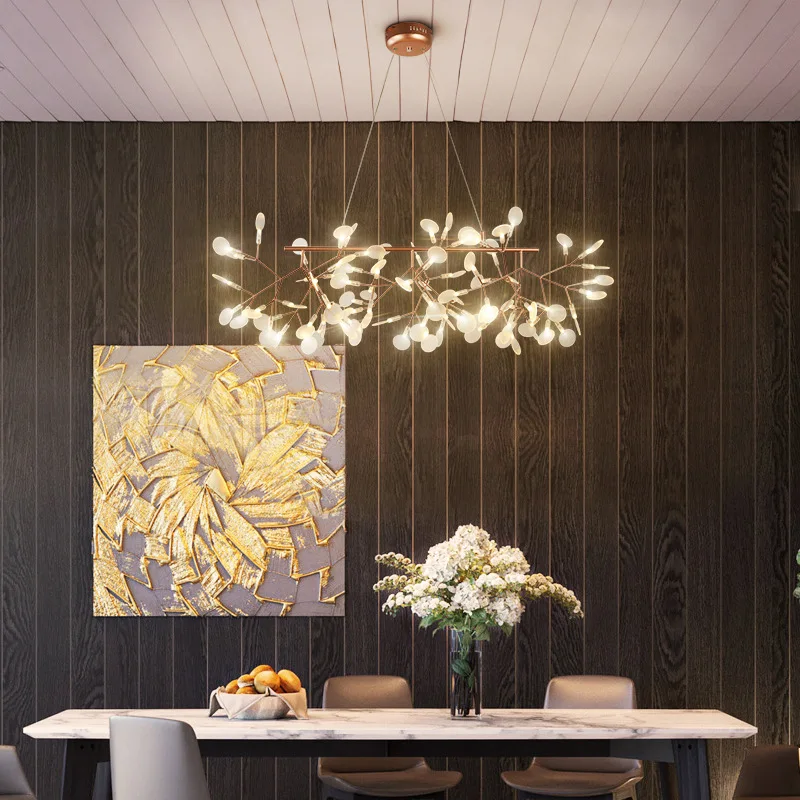 Nordic Chandelier Art Hanging Living Room Chandelier Modern Restaurant Kitchen Firefly Lamp Rose Gold/Black Branch Round Indoor