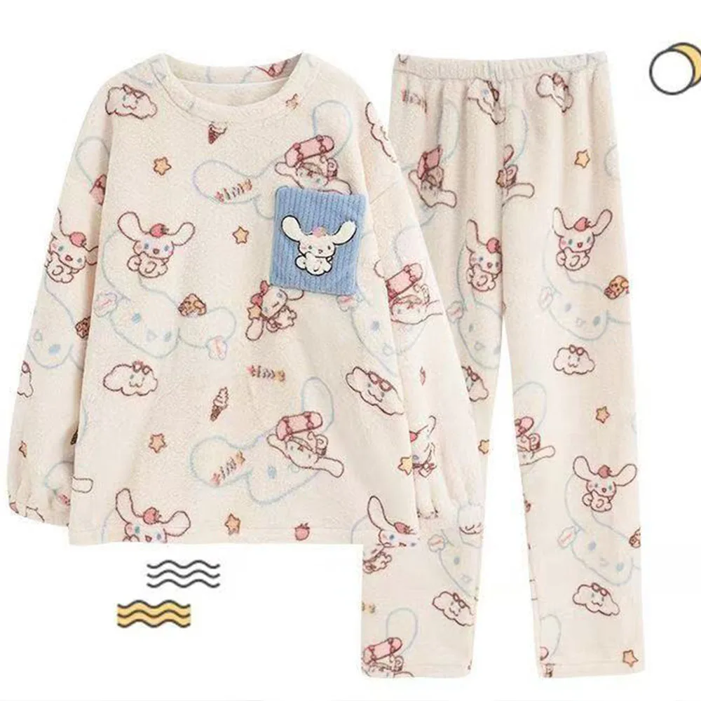 

Новый фланелевой пижамный костюм в стиле аниме Cinnamoroll, зимний кавайный женский теплый мягкий плюшевый комплект домашней одежды, брюки с длинными рукавами для девочек, домашняя одежда