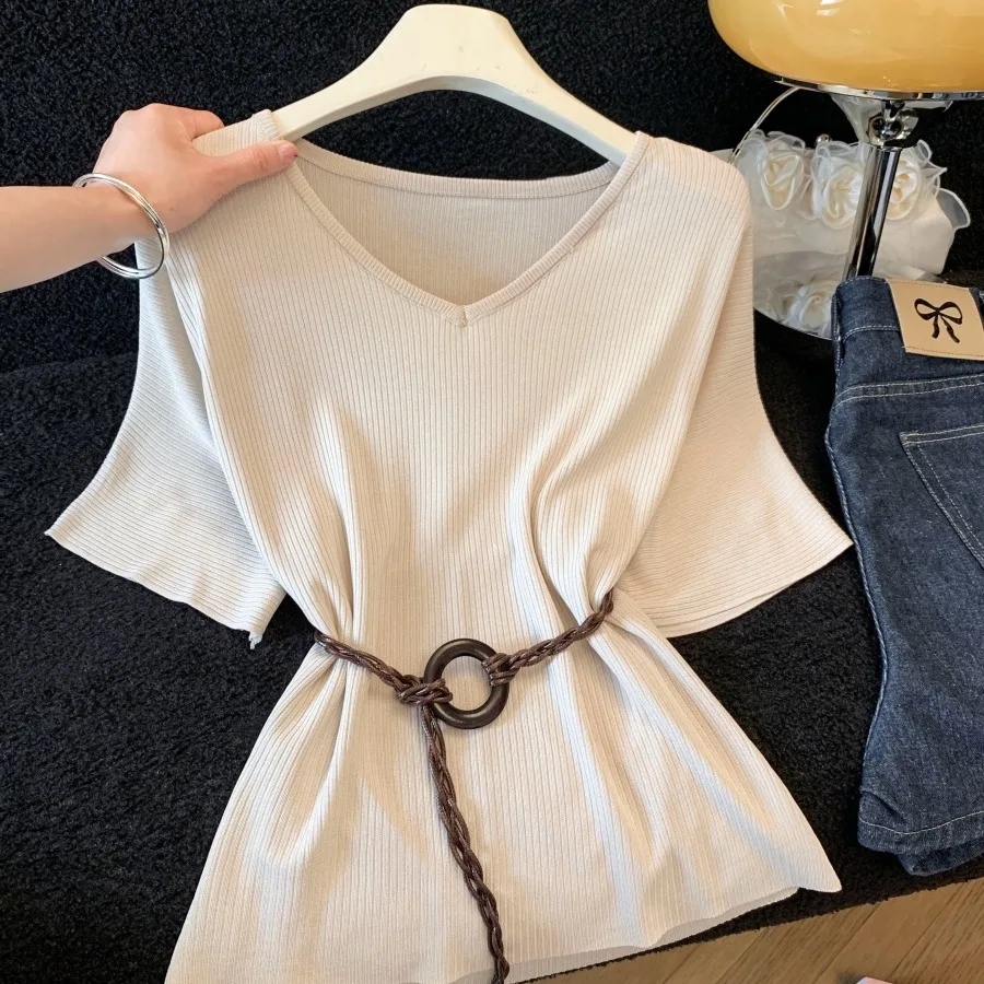 

Корейская стильная универсальная футболка с открытыми плечами и рукавами «летучая мышь» для женщин, летняя, в непринужденном стиле, модная, с поясом, женский топ