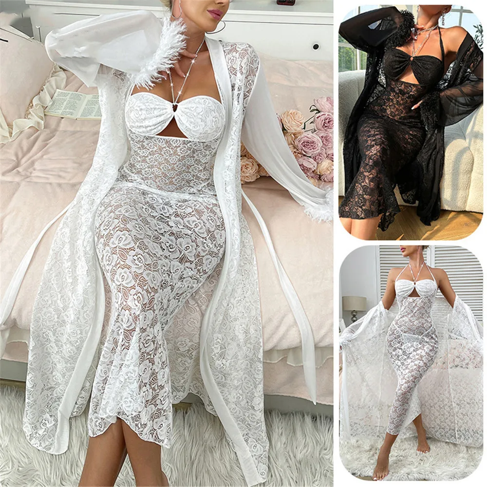 

Сексуальный кружевной длинный халат, комплект ночной рубашки, весна-лето, шифоновое кимоно, халат, ночная рубашка, одежда для сна, домашняя одежда